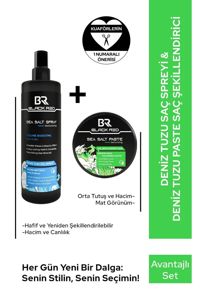 Black Red Saç Deniz Tuzu Spreyi - Sea Salt Spray & Wax Saç Şekillendirici Mat Wax Sea Salt Paste - 2'li Set